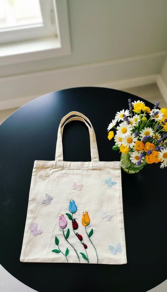 Handmade Cotton Tote, Ladybugs & Sewn Butterflies/ punch needle/ whimsical / everyday bag/ colorful floral design/ fiber art/cottagecore