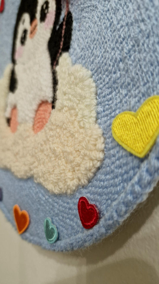Handmade Punch Needle Penguin Wall Decor, Nursery & Baby Room Art, Cute Penguin with Heart, Soft Textile Wall Hanging