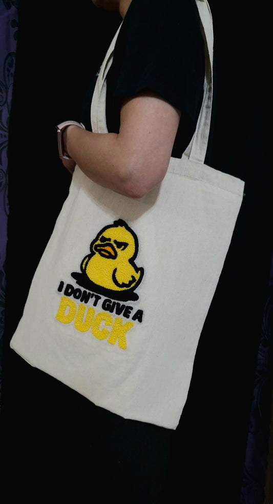 I Don’t Give a Duck Tote Bag – Handmade Punch Needle Cotton Tote with Long Handles | Funny Statement Bag