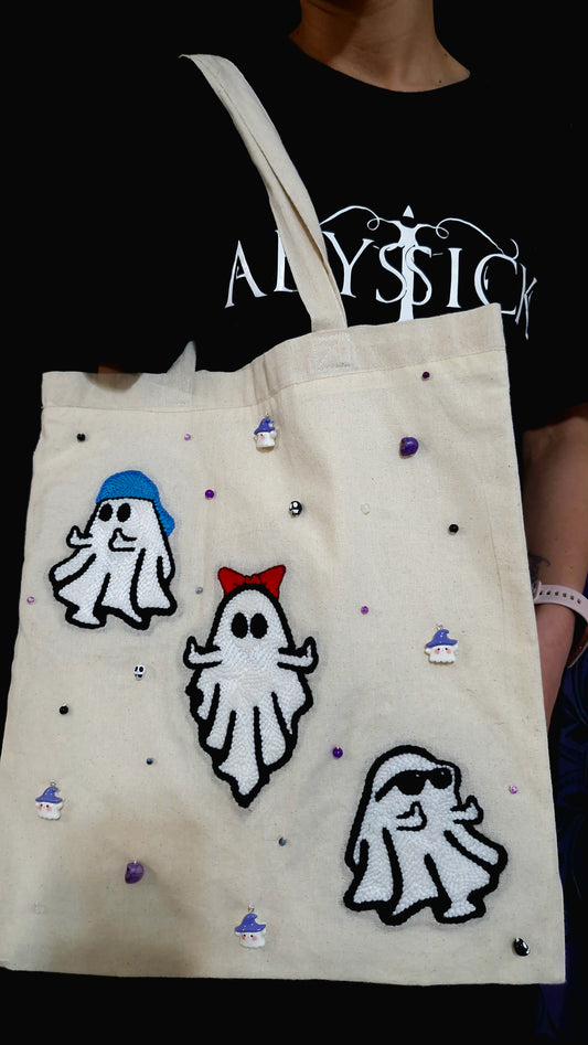 Ghost Tote Bag – Handmade Punch Needle Cotton Tote with Beads & Acrylic Charms | Cute Spooky Bag