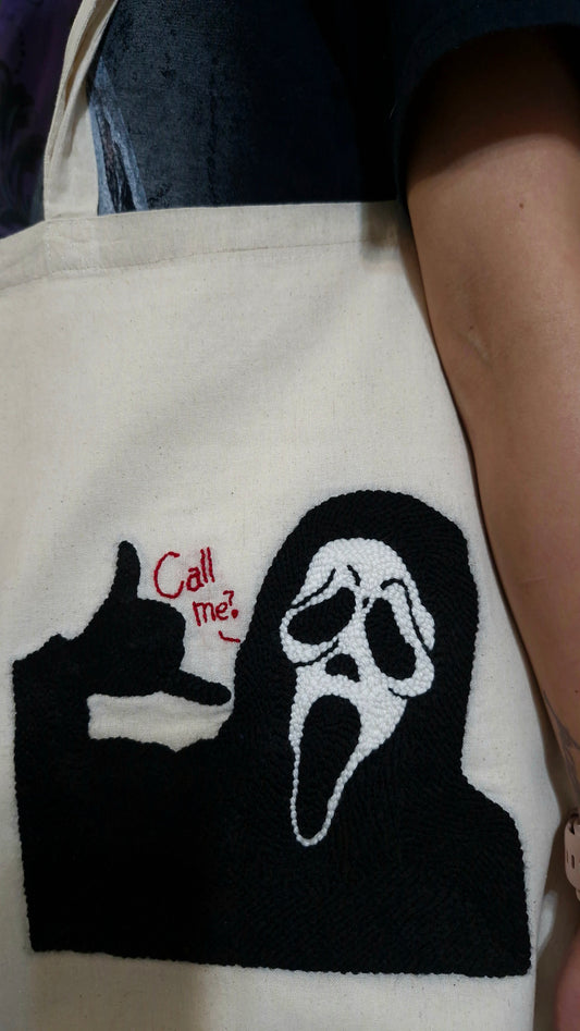 Handmade Punch Needle Tote Bag – Horror “Call Me?” Design