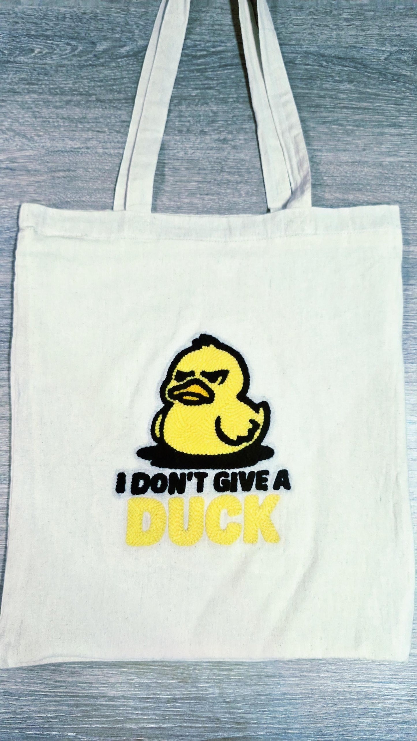 I Don’t Give a Duck Tote Bag – Handmade Punch Needle Cotton Tote with Long Handles | Funny Statement Bag