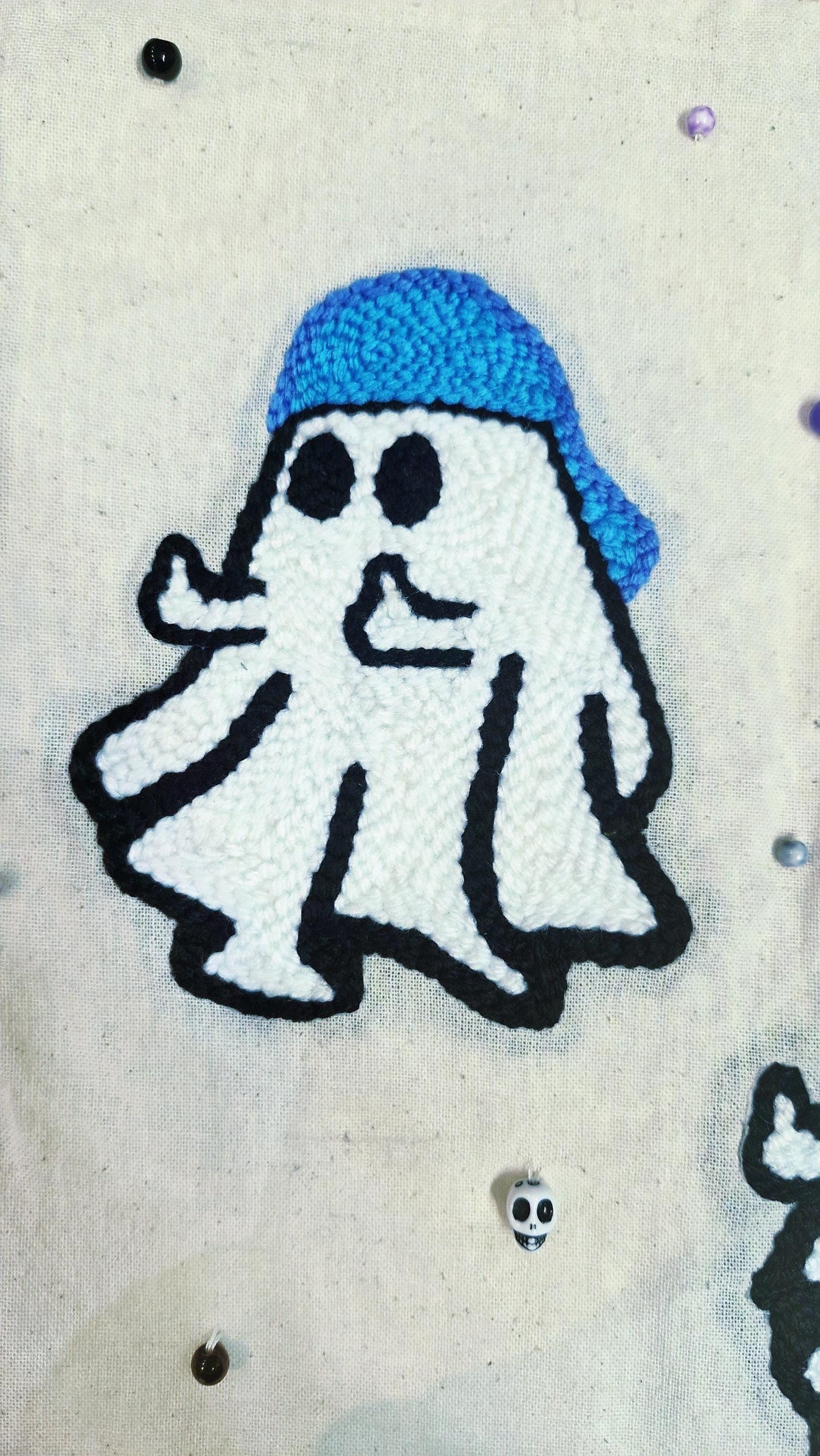 Ghost Tote Bag – Handmade Punch Needle Cotton Tote with Beads & Acrylic Charms | Cute Spooky Bag