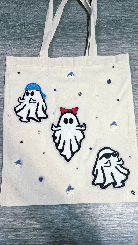 Ghost Tote Bag – Handmade Punch Needle Cotton Tote with Beads & Acrylic Charms | Cute Spooky Bag