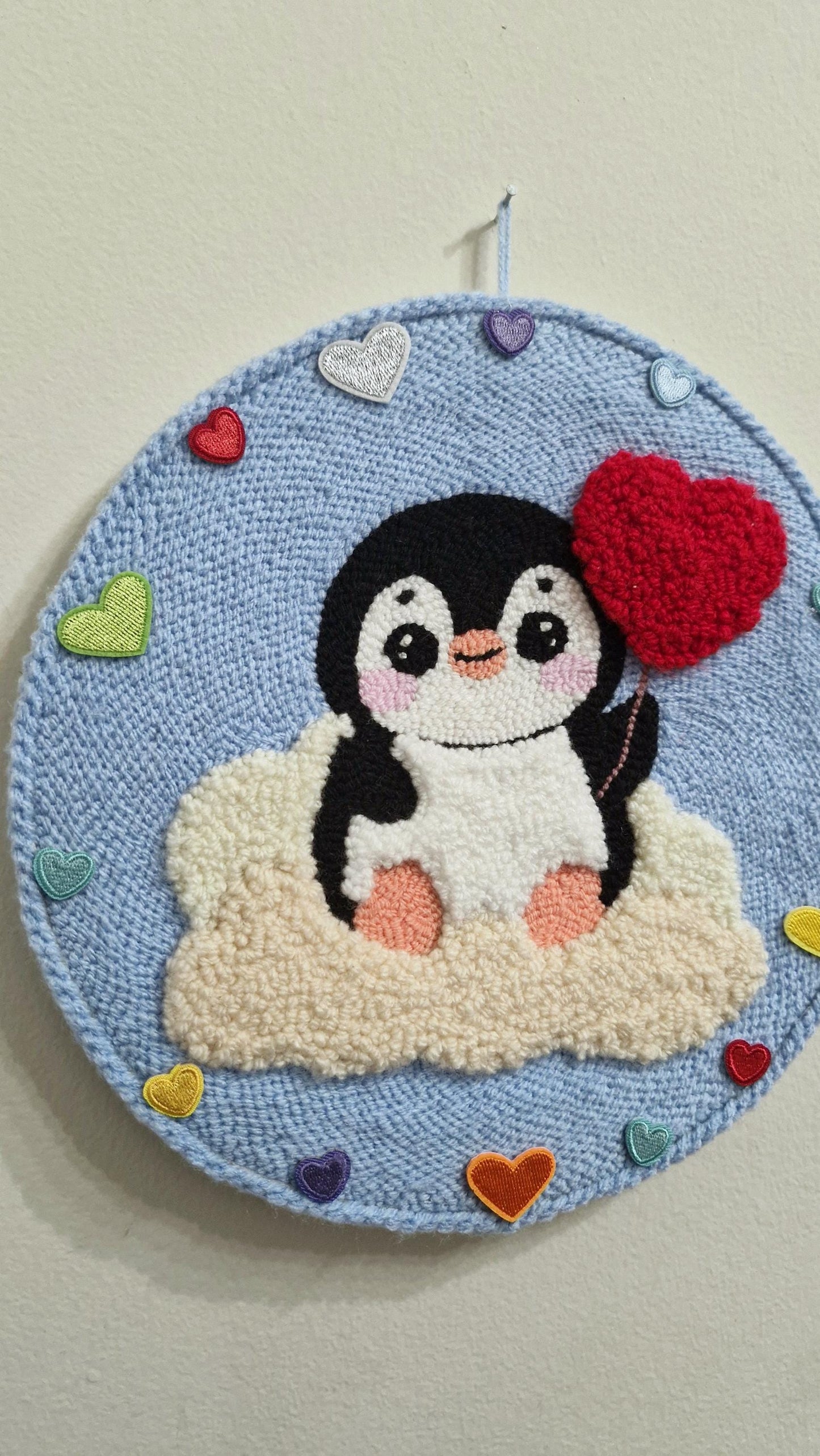 Handmade Punch Needle Penguin Wall Decor, Nursery & Baby Room Art, Cute Penguin with Heart, Soft Textile Wall Hanging