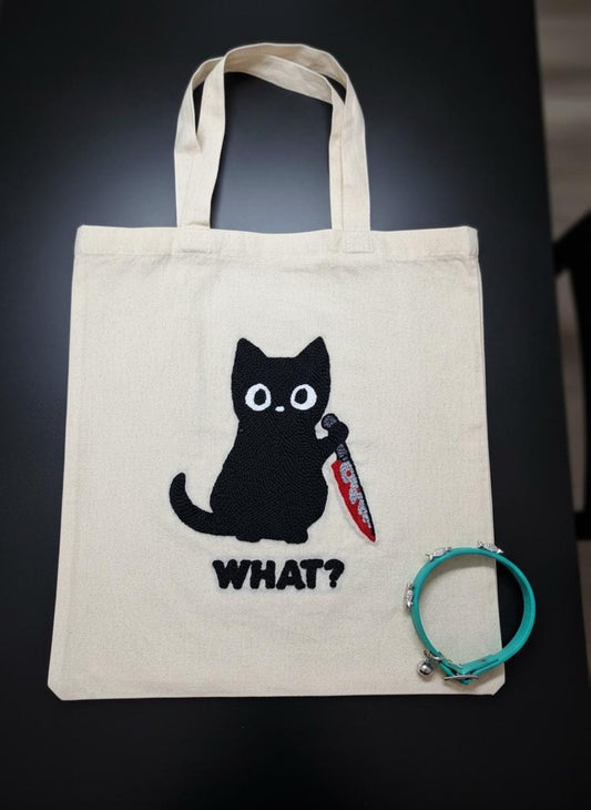Handmade Cotton Tote Bag funny cat / dark humor cat bag / cute goth aesthetic tote /alternative style/ punch needle embroidery bag