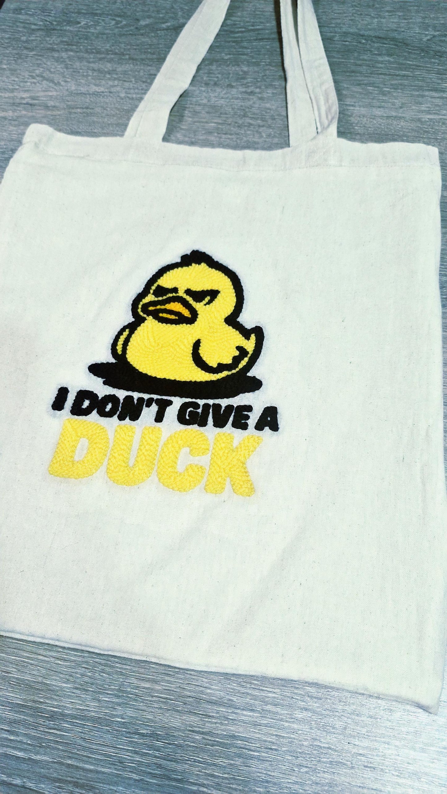 I Don’t Give a Duck Tote Bag – Handmade Punch Needle Cotton Tote with Long Handles | Funny Statement Bag