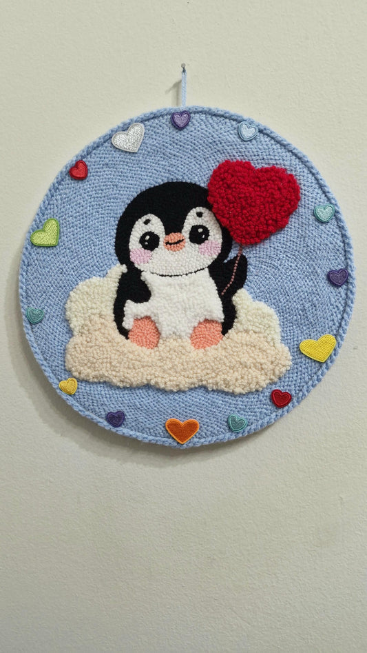 Handmade Punch Needle Penguin Wall Decor, Nursery & Baby Room Art, Cute Penguin with Heart, Soft Textile Wall Hanging