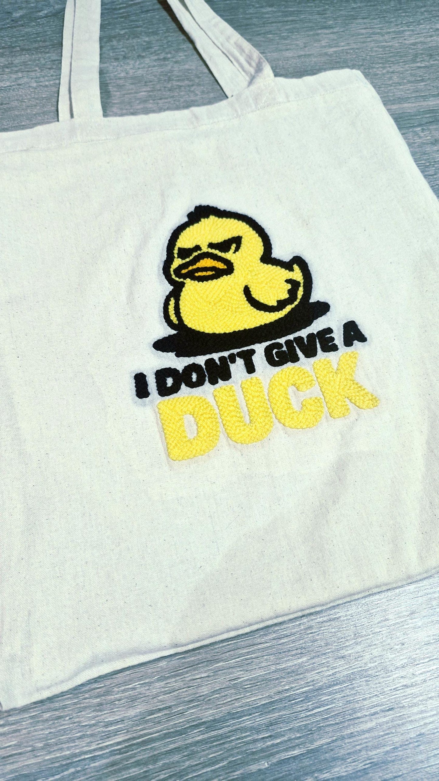I Don’t Give a Duck Tote Bag – Handmade Punch Needle Cotton Tote with Long Handles | Funny Statement Bag