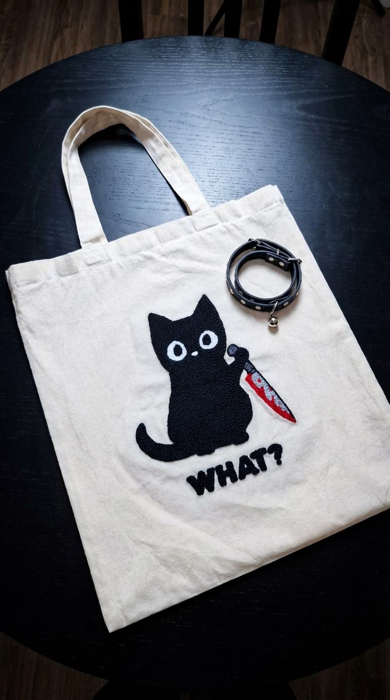 Handmade Cotton Tote Bag funny cat / dark humor cat bag / cute goth aesthetic tote /alternative style/ punch needle embroidery bag