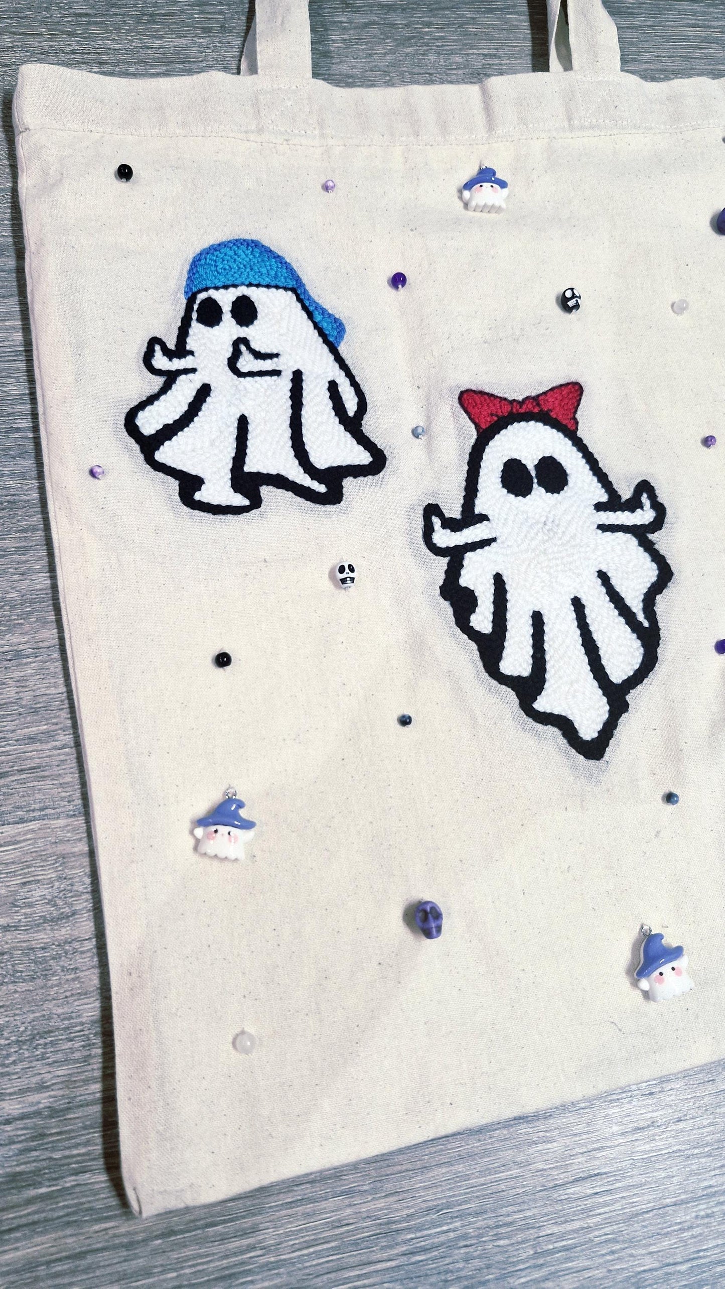 Ghost Tote Bag – Handmade Punch Needle Cotton Tote with Beads & Acrylic Charms | Cute Spooky Bag