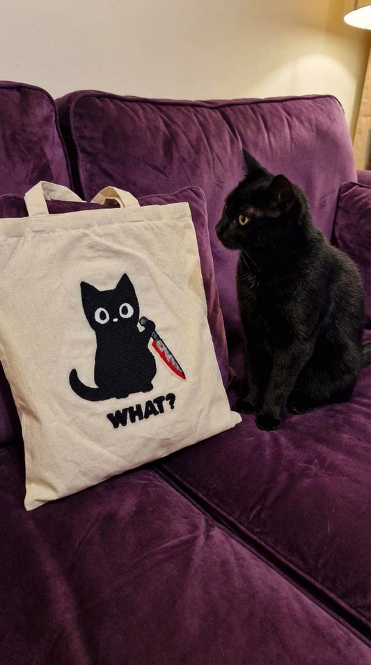 Handmade Cotton Tote Bag funny cat / dark humor cat bag / cute goth aesthetic tote /alternative style/ punch needle embroidery bag