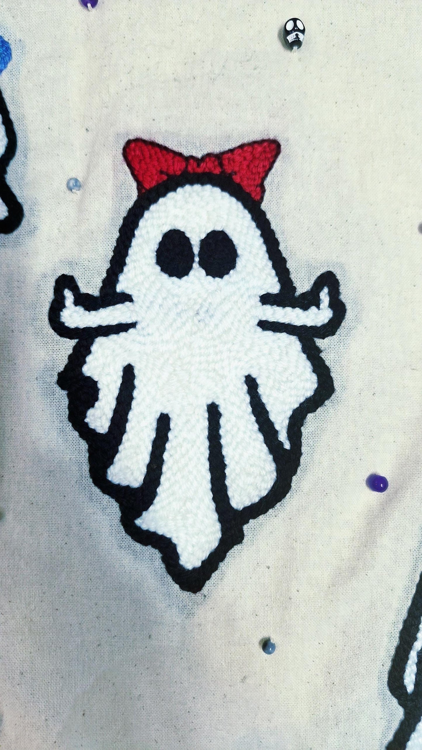 Ghost Tote Bag – Handmade Punch Needle Cotton Tote with Beads & Acrylic Charms | Cute Spooky Bag
