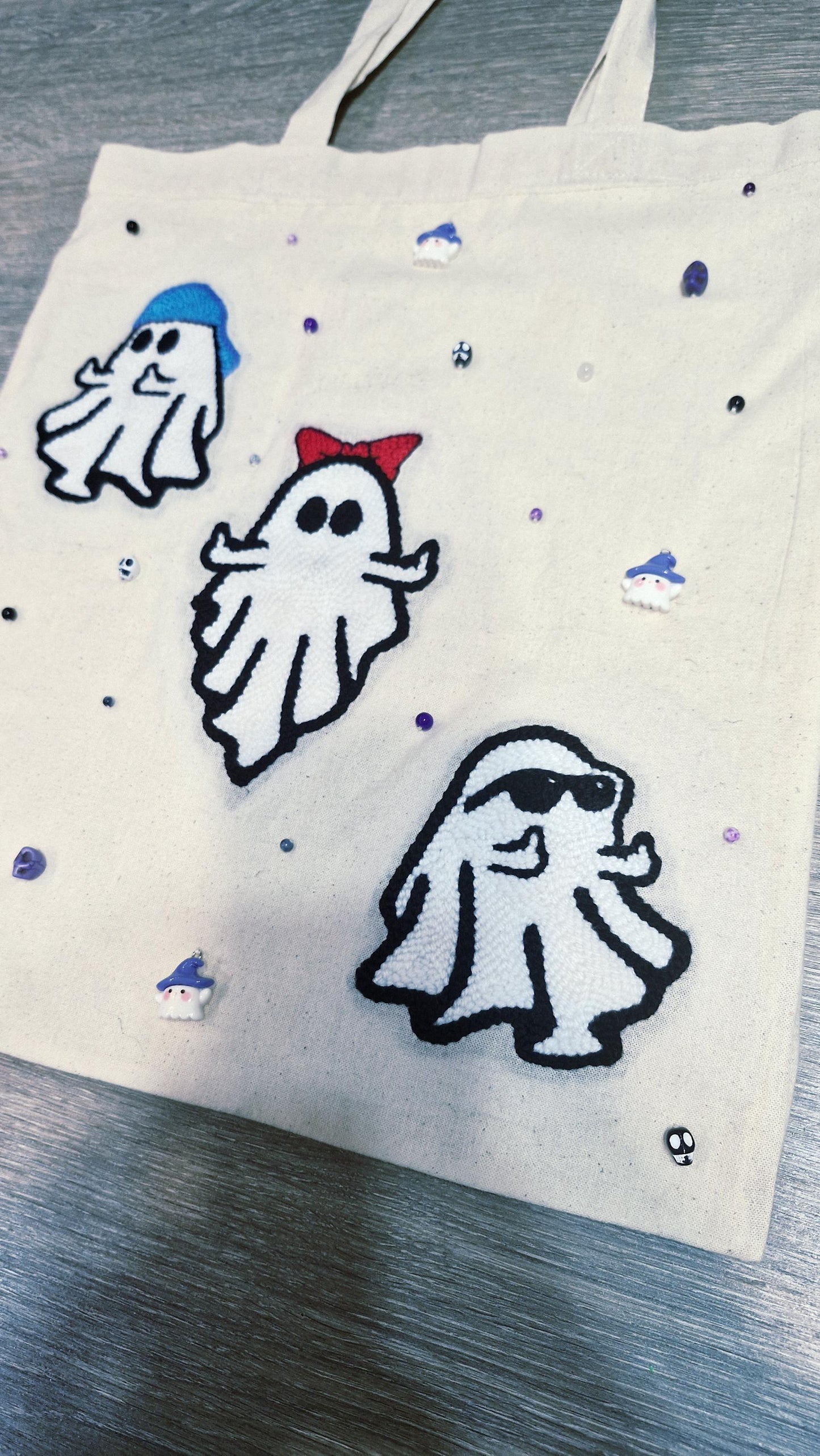 Ghost Tote Bag – Handmade Punch Needle Cotton Tote with Beads & Acrylic Charms | Cute Spooky Bag