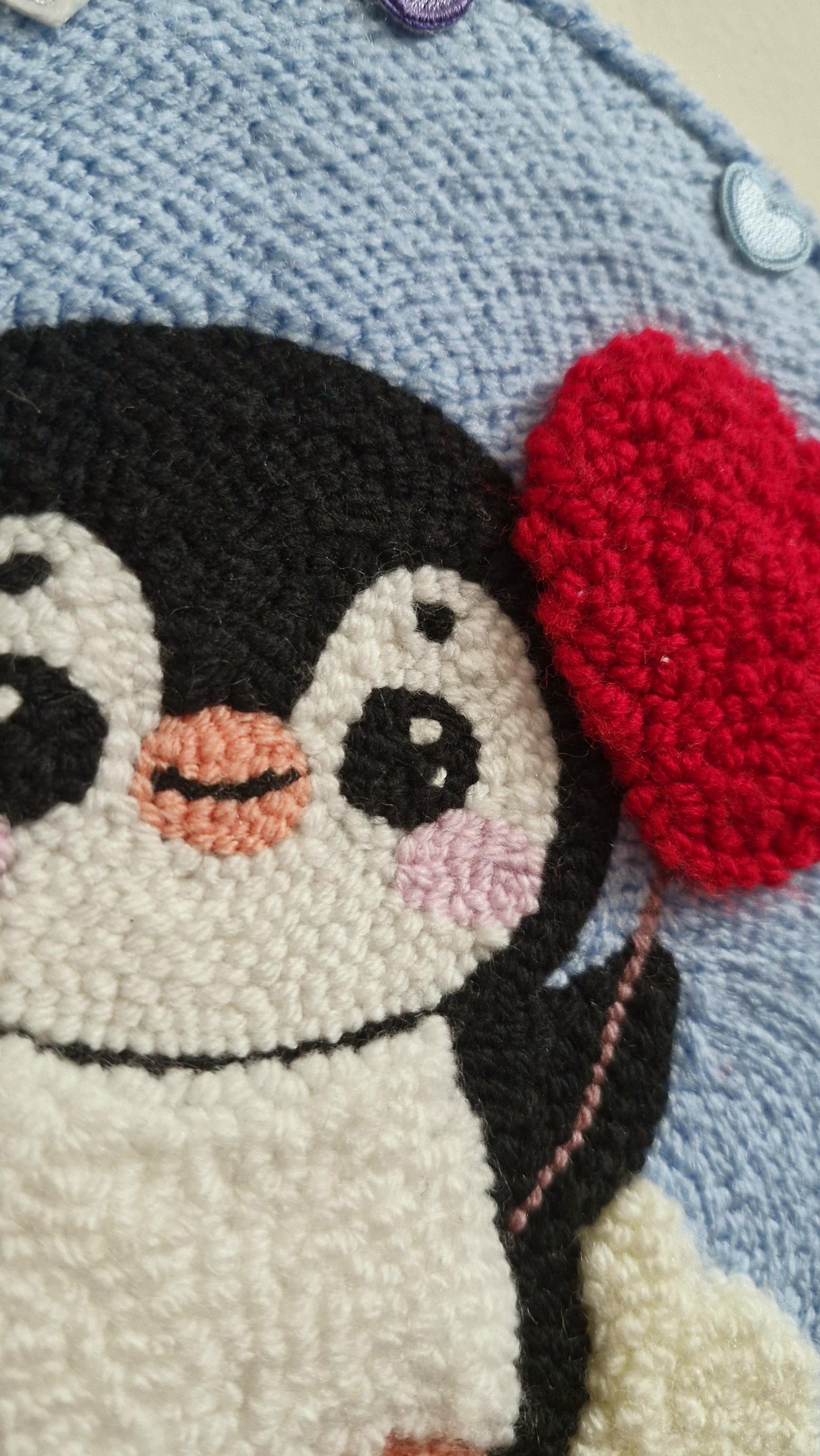 Handmade Punch Needle Penguin Wall Decor, Nursery & Baby Room Art, Cute Penguin with Heart, Soft Textile Wall Hanging