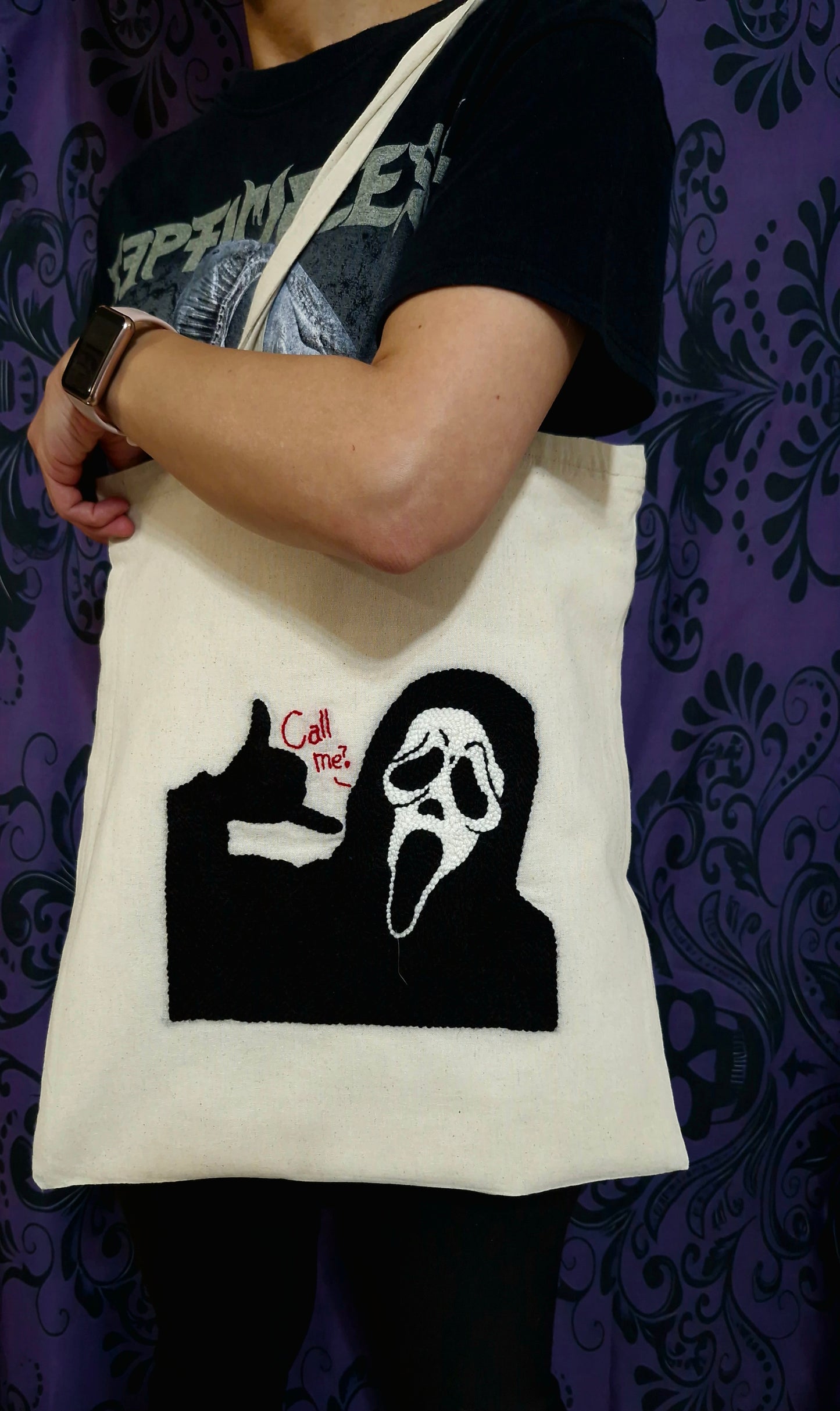 Handmade Punch Needle Tote Bag – Horror “Call Me?” Design