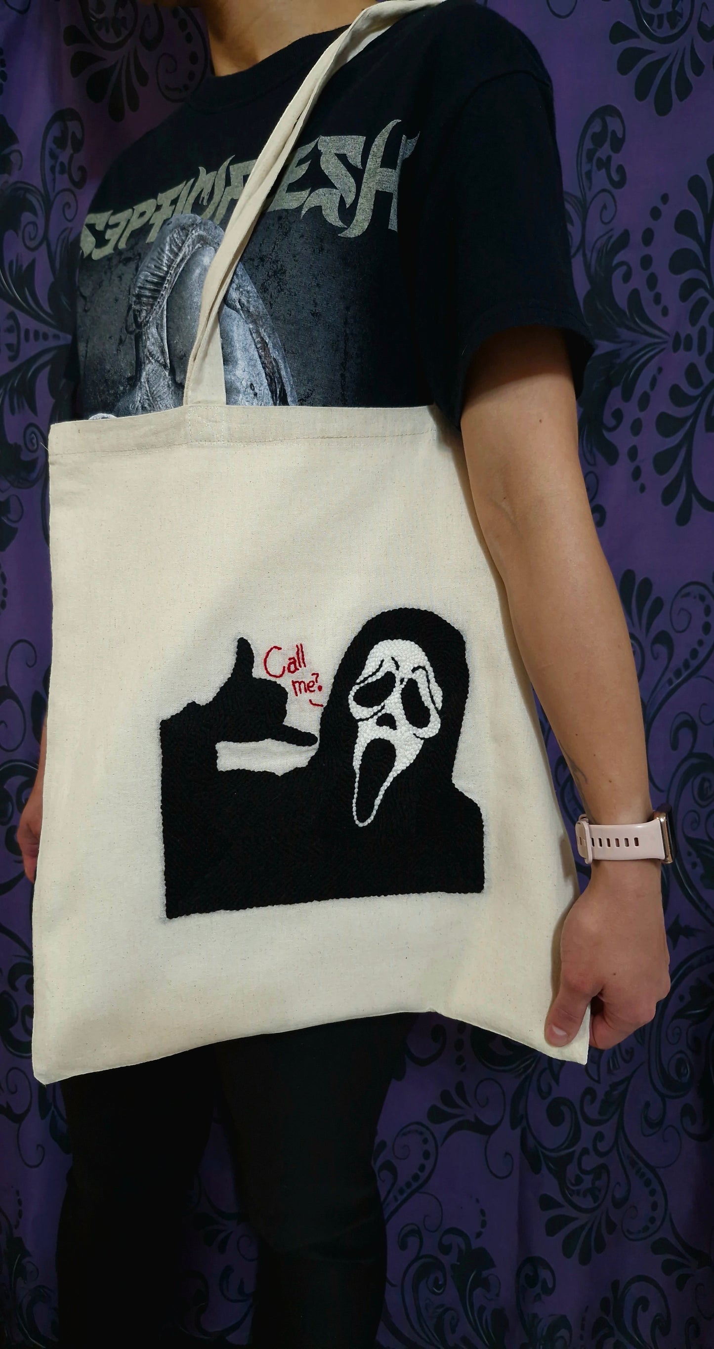 Handmade Punch Needle Tote Bag – Horror “Call Me?” Design