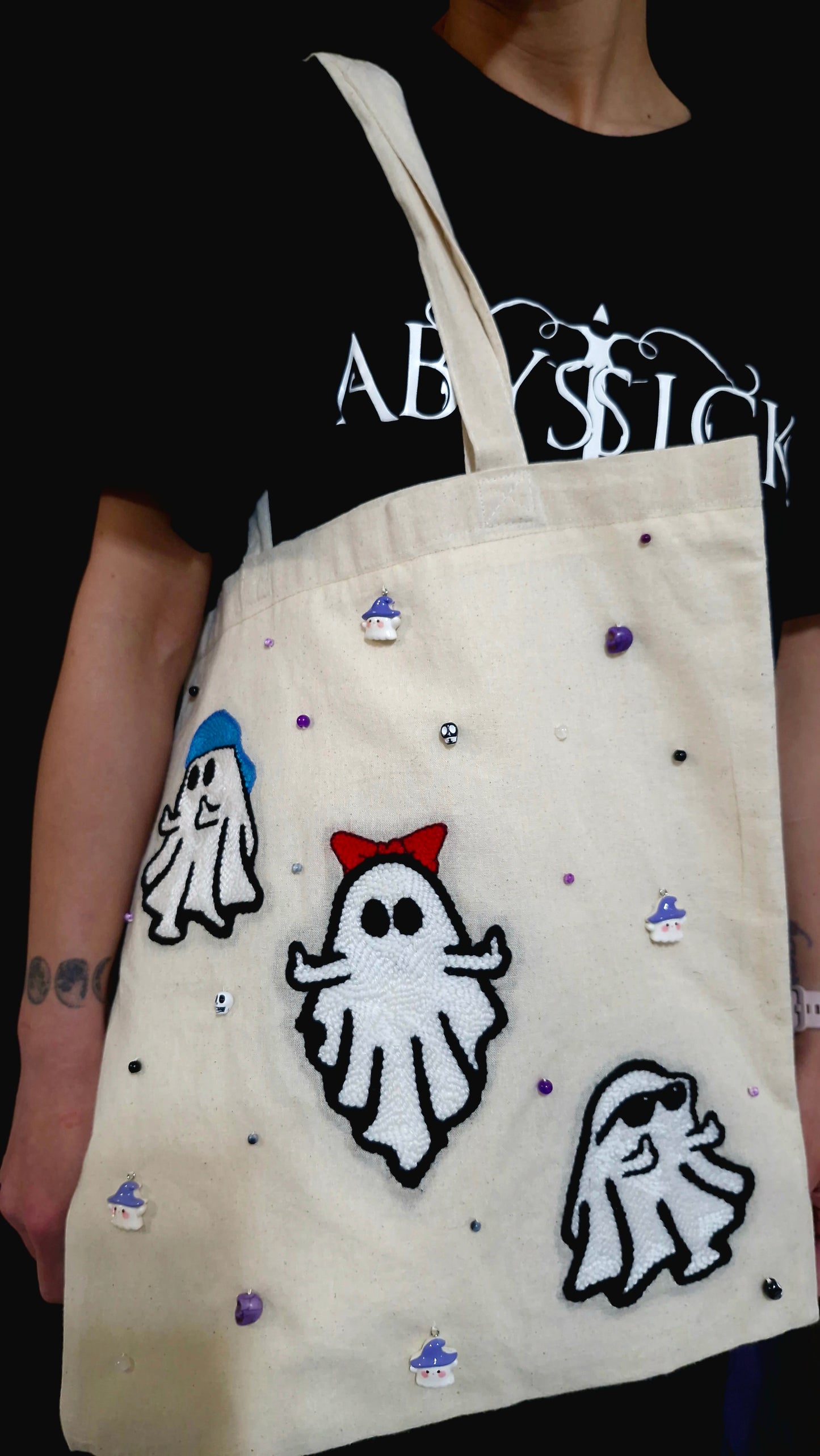Ghost Tote Bag – Handmade Punch Needle Cotton Tote with Beads & Acrylic Charms | Cute Spooky Bag