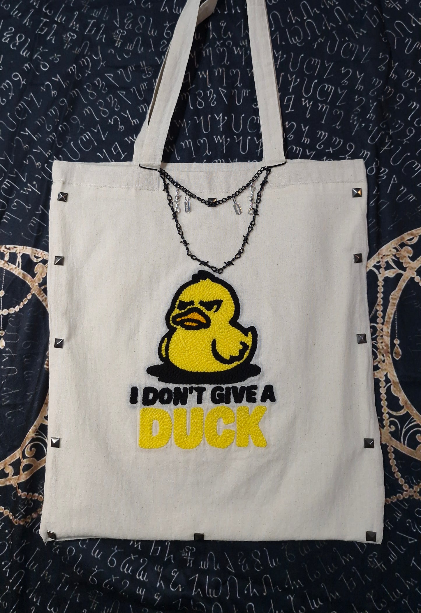 I Don’t Give a Duck Tote Bag – Handmade Punch Needle Cotton Tote with Long Handles | Funny Statement Bag