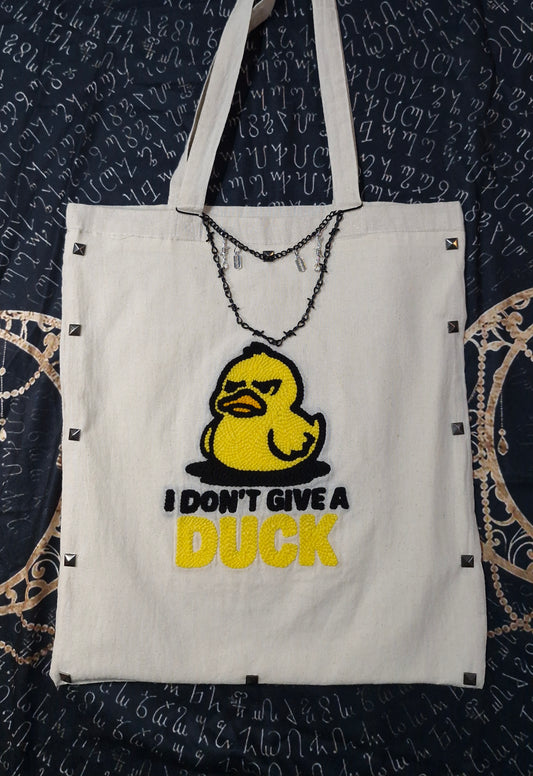 I Don’t Give a Duck Tote Bag – Handmade Punch Needle Cotton Tote with Long Handles | Funny Statement Bag