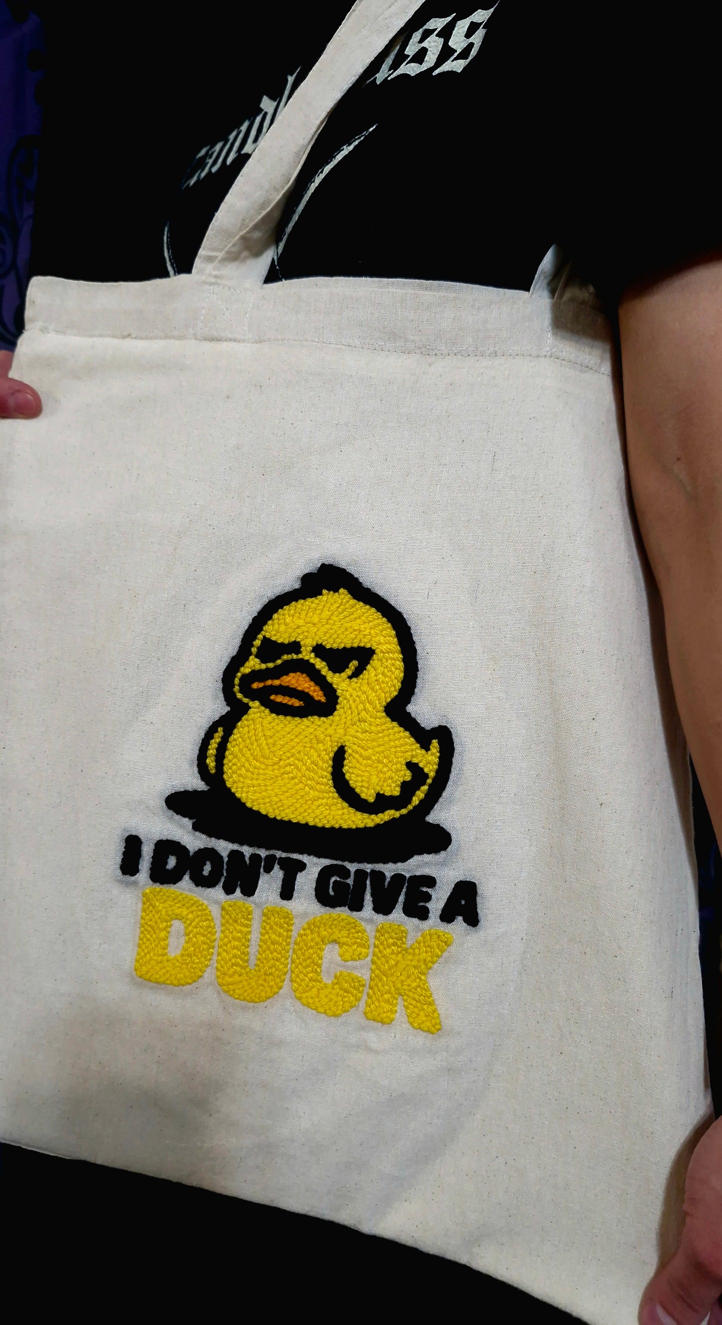 I Don’t Give a Duck Tote Bag – Handmade Punch Needle Cotton Tote with Long Handles | Funny Statement Bag
