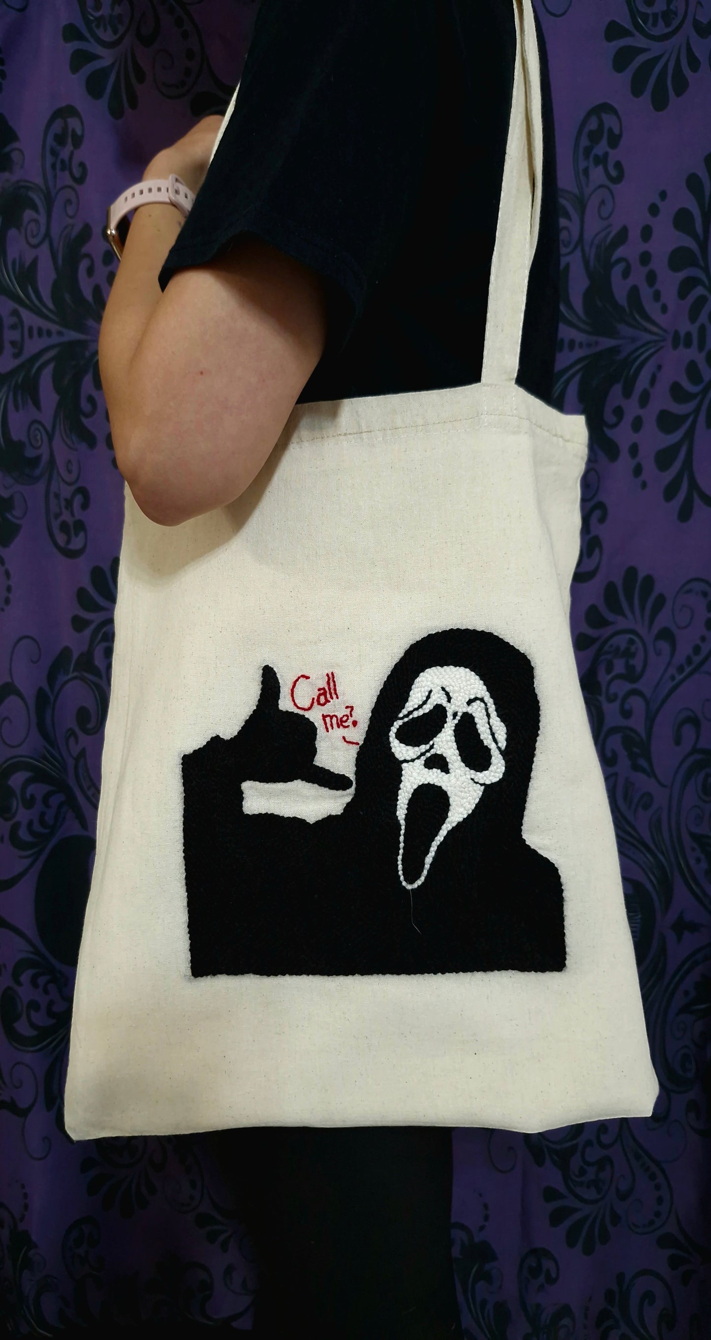 Handmade Punch Needle Tote Bag – Horror “Call Me?” Design