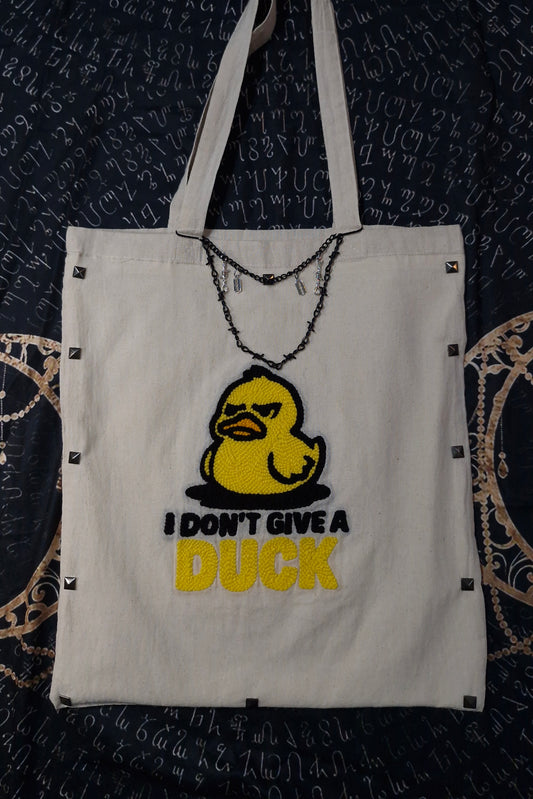 I Don’t Give a Duck Tote Bag – Handmade Punch Needle Cotton Tote with Long Handles | Funny Statement Bag