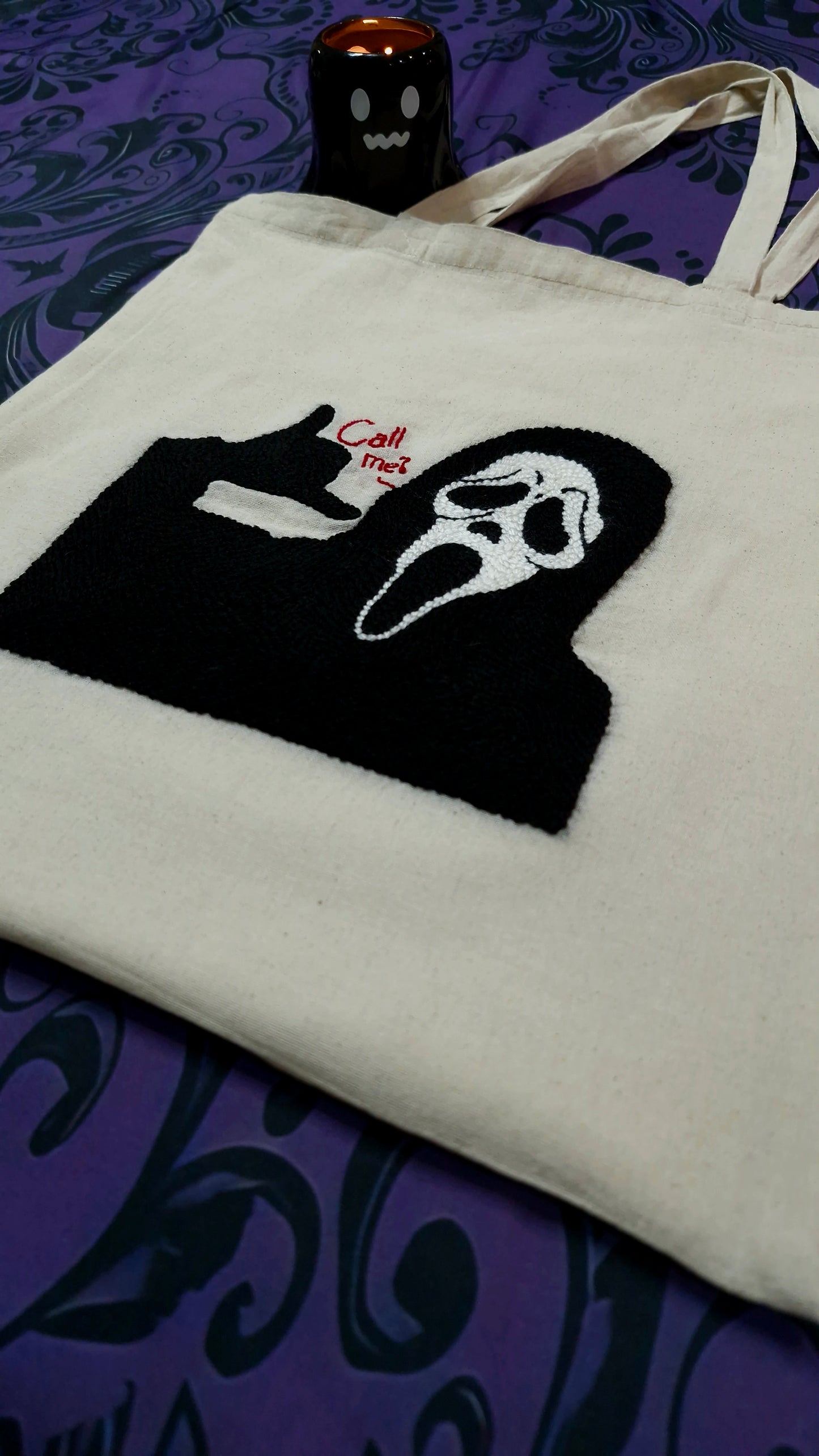 Handmade Punch Needle Tote Bag – Horror “Call Me?” Design