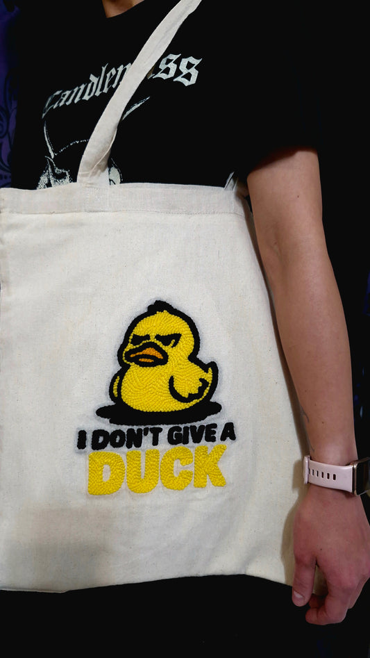 I Don’t Give a Duck Tote Bag – Handmade Punch Needle Cotton Tote with Long Handles | Funny Statement Bag
