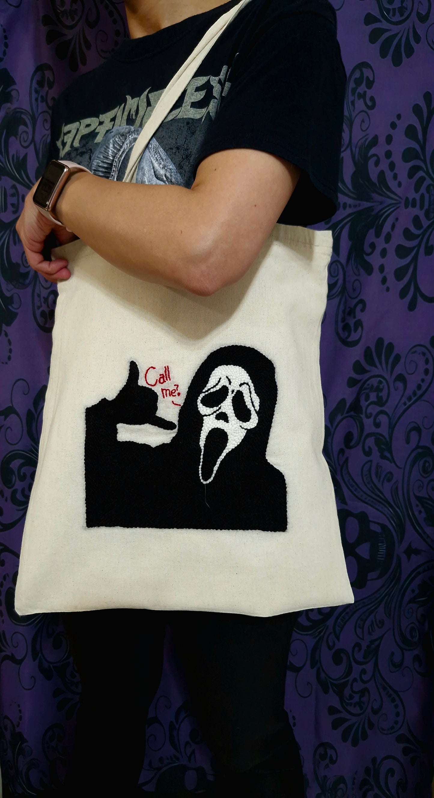 Handmade Punch Needle Tote Bag – Horror “Call Me?” Design