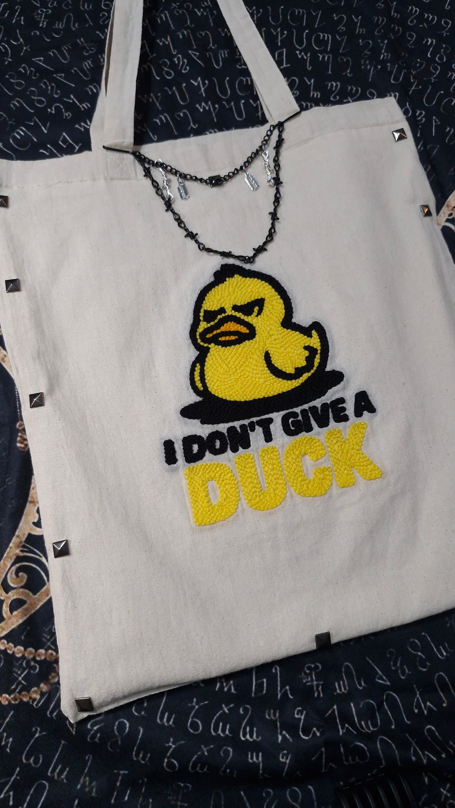 I Don’t Give a Duck Tote Bag – Handmade Punch Needle Cotton Tote with Long Handles | Funny Statement Bag